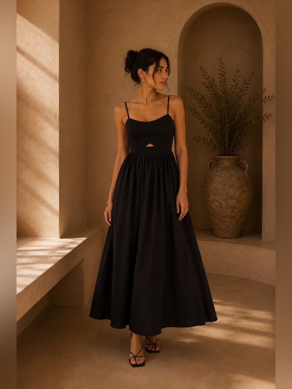 Commense Black Spaghetti-Strap Maxi Dress with Subtle Front Keyhole